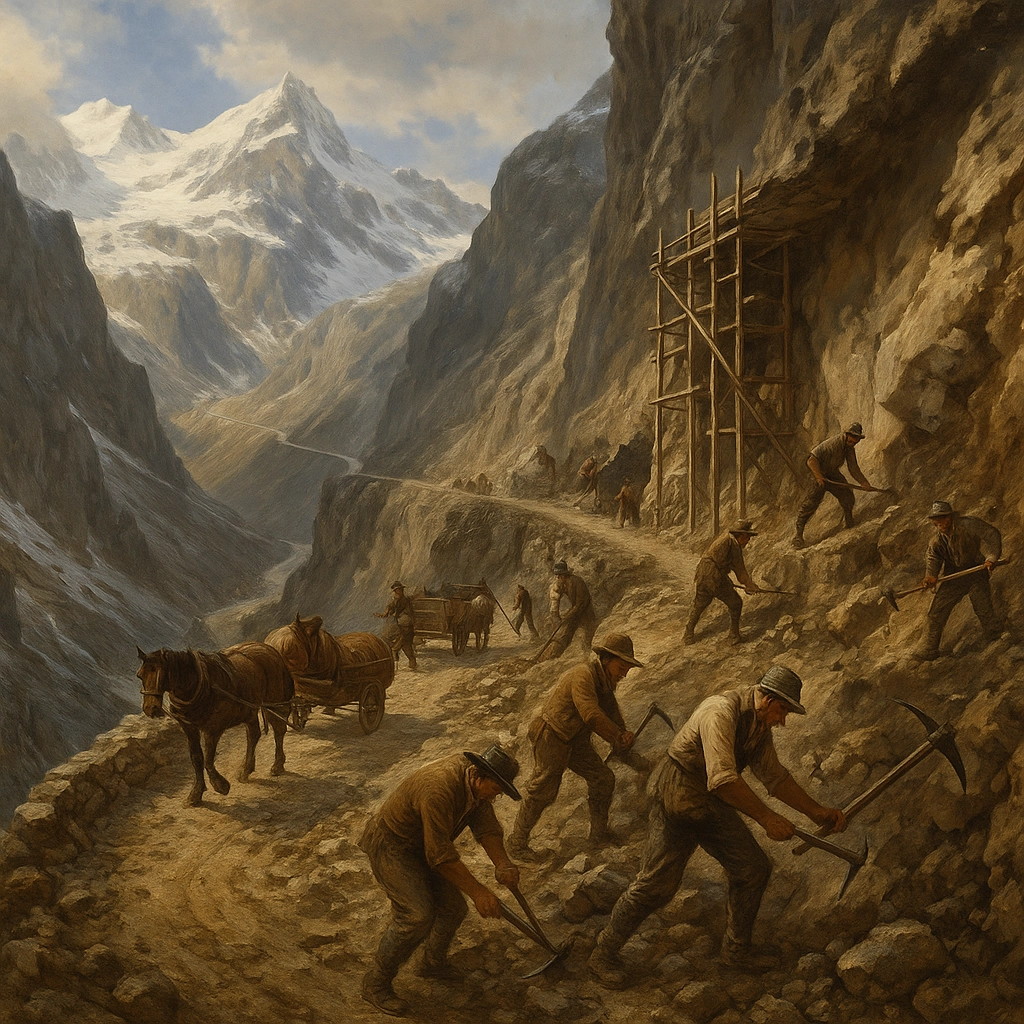 1820s construction workers building the Stelvio Pass road in the Alps, using hand tools and horse-drawn carts on a steep mountain slope.