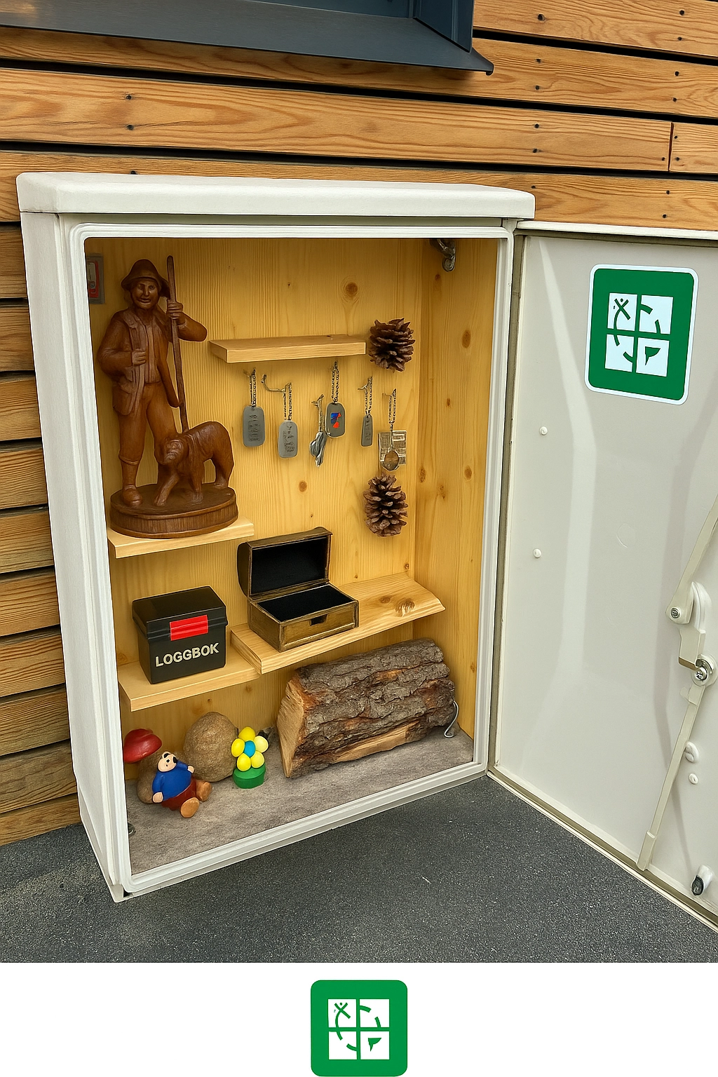 Creative geocache hidden inside a modified electrical box, featuring compartments for logbook, trackables, and decorations—showing how large and detailed traditional caches can be.
