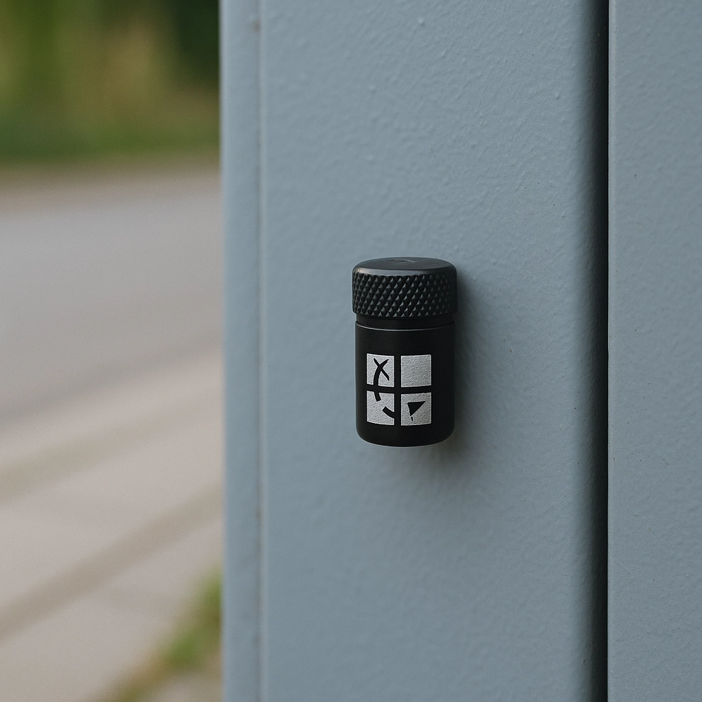 Tiny magnetic nano geocache attached to a metal surface near a sidewalk—illustrates how geocaches can be well-hidden even in plain sight.