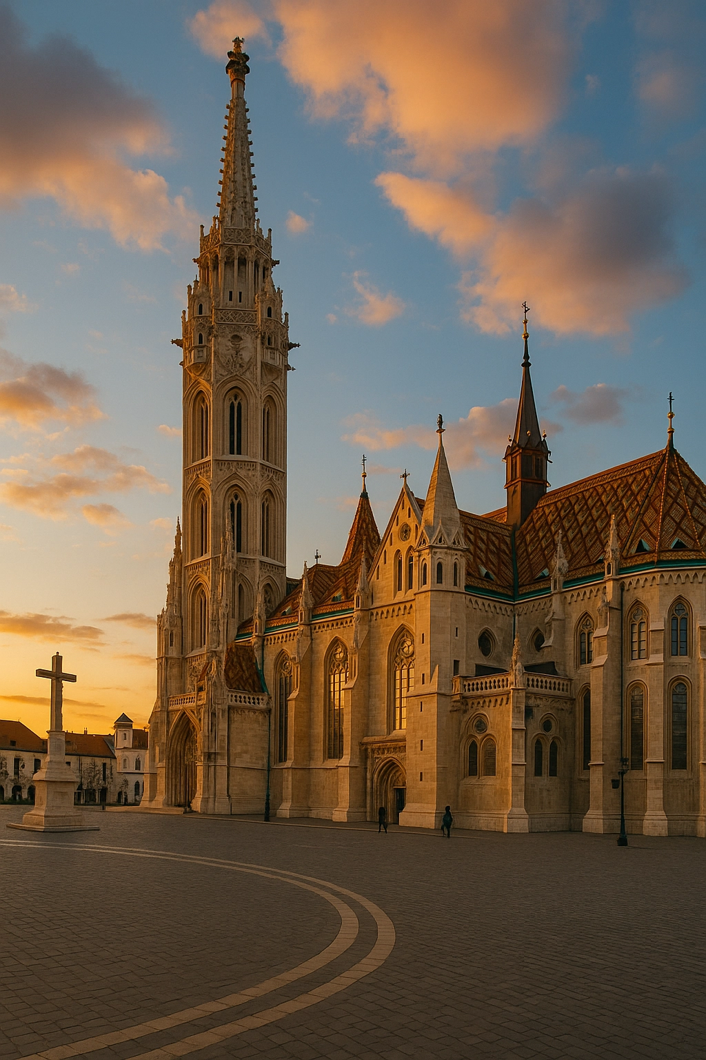 Matthias Church in Budapest, its Gothic spire and colourful roof glowing at sunset, with the Fisherman’s Bastion nearby.