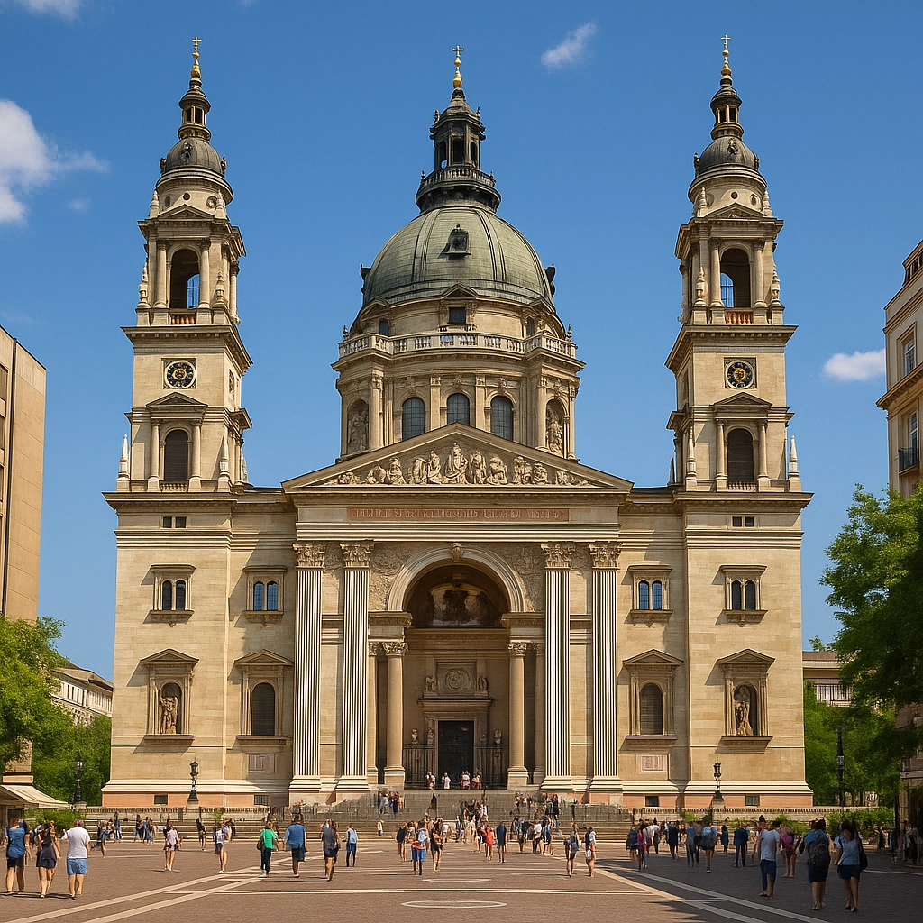 St. Stephen’s Basilica in Budapest, with its majestic dome and twin towers, viewed from the bustling square in front.