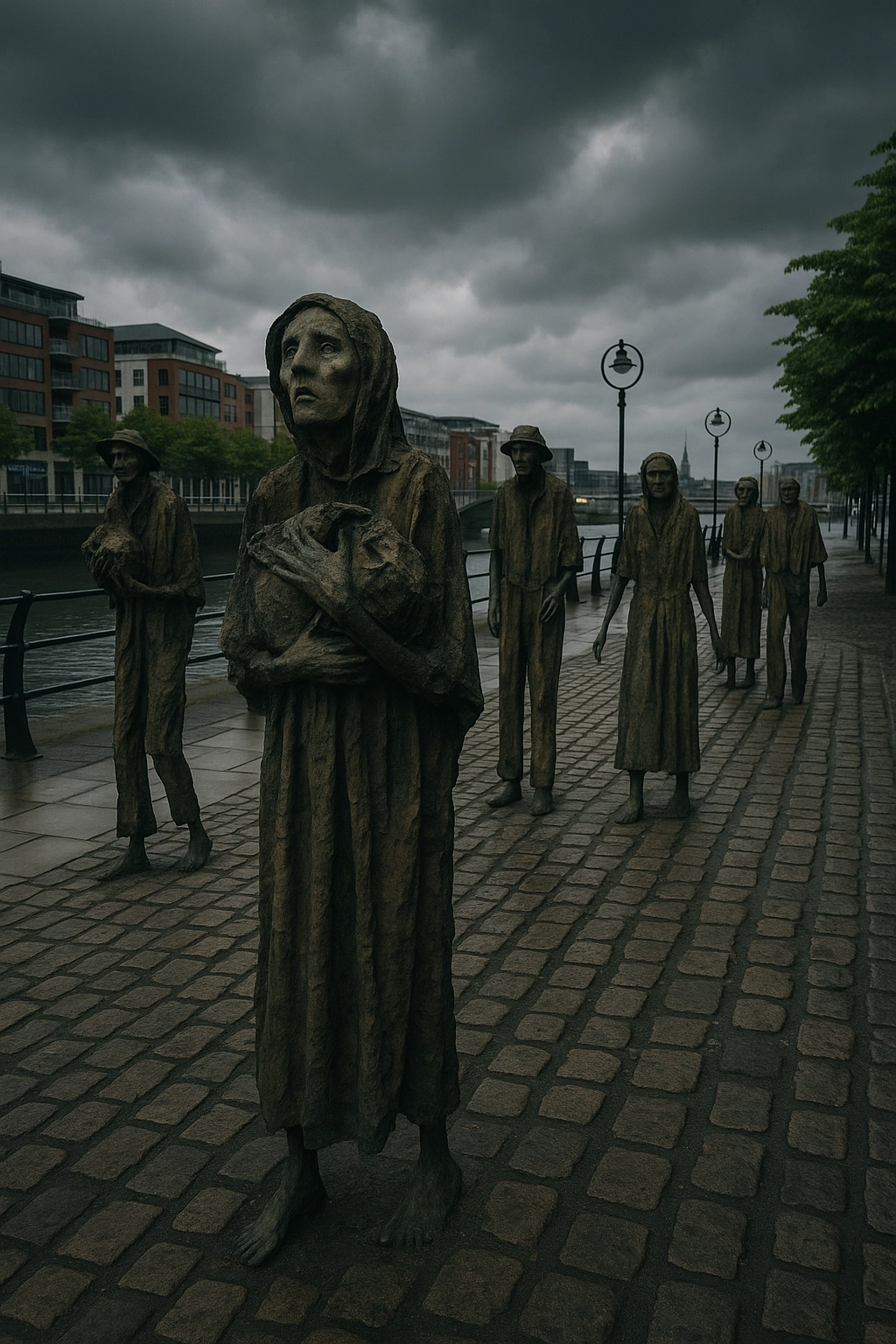 Bronze sculptures of emaciated figures walking solemnly along the River Liffey in Dublin, commemorating the Great Famine.