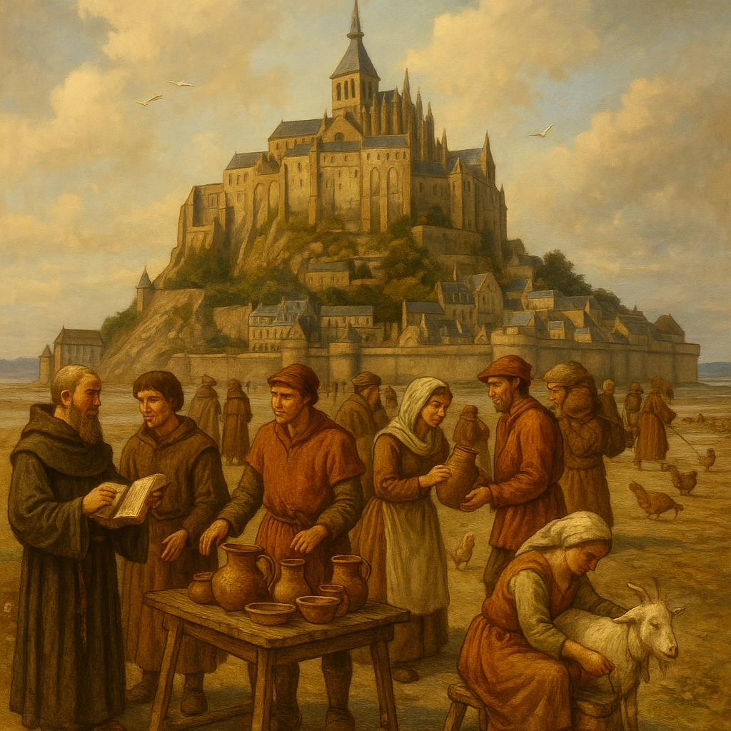 A historical illustration of Mont-Saint-Michel with people gathered at a market in front of the island, capturing daily life in earlier centuries.