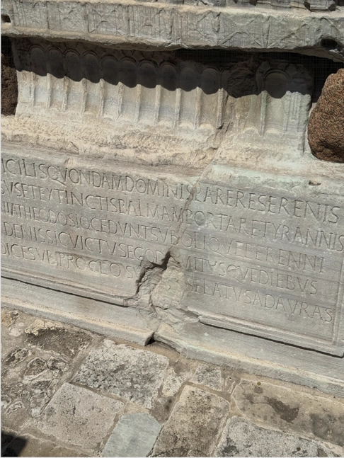 Visible earthquake damage on the base of an ancient column in Istanbul