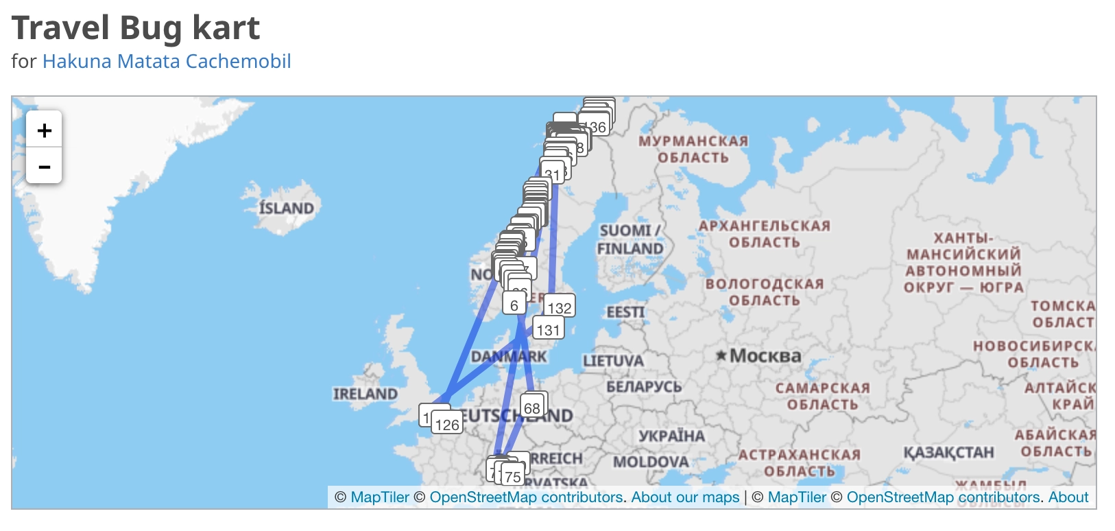 A map showing the travel history of a car-mounted Travel Bug over the last four years, with locations marked across multiple countries.